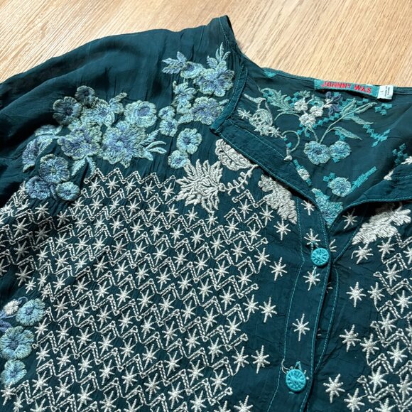 Johnny Was Yoko Embroidered Blouse size L large Lakeside blue button shirt - Picture 7 of 13